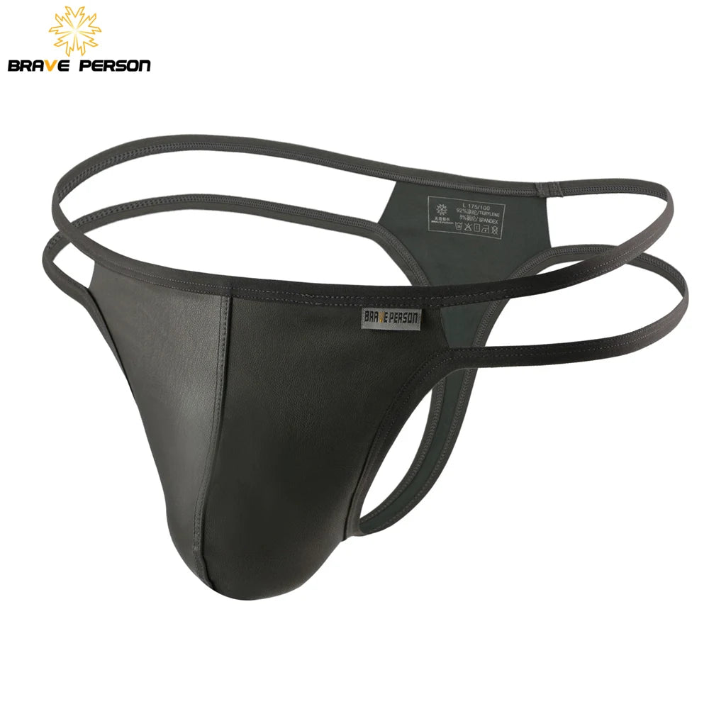 X mens BRAVE PERSON New Men Briefs Sexy Underwear Men Thongs Imitation Leather Fabric Innovative Design Man Underpants