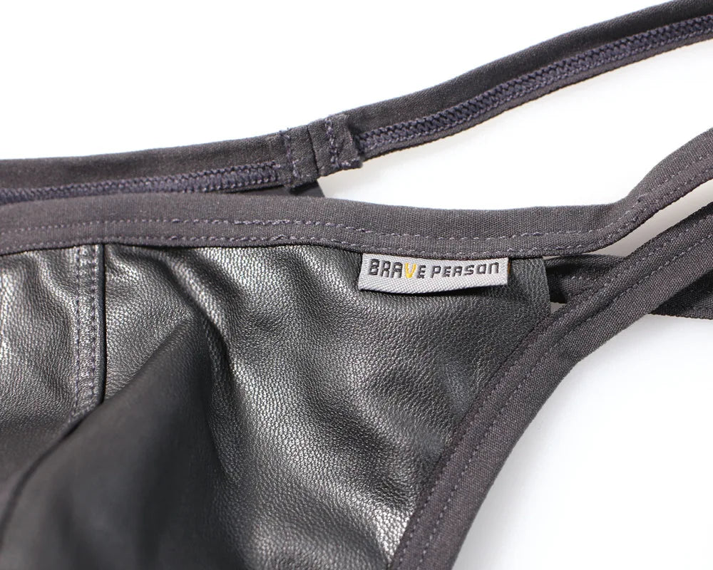 X mens BRAVE PERSON New Men Briefs Sexy Underwear Men Thongs Imitation Leather Fabric Innovative Design Man Underpants
