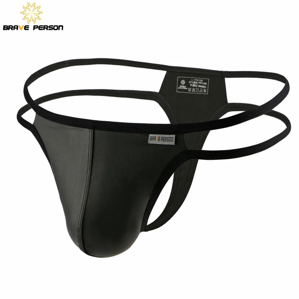 X mens BRAVE PERSON New Men Briefs Sexy Underwear Men Thongs Imitation Leather Fabric Innovative Design Man Underpants