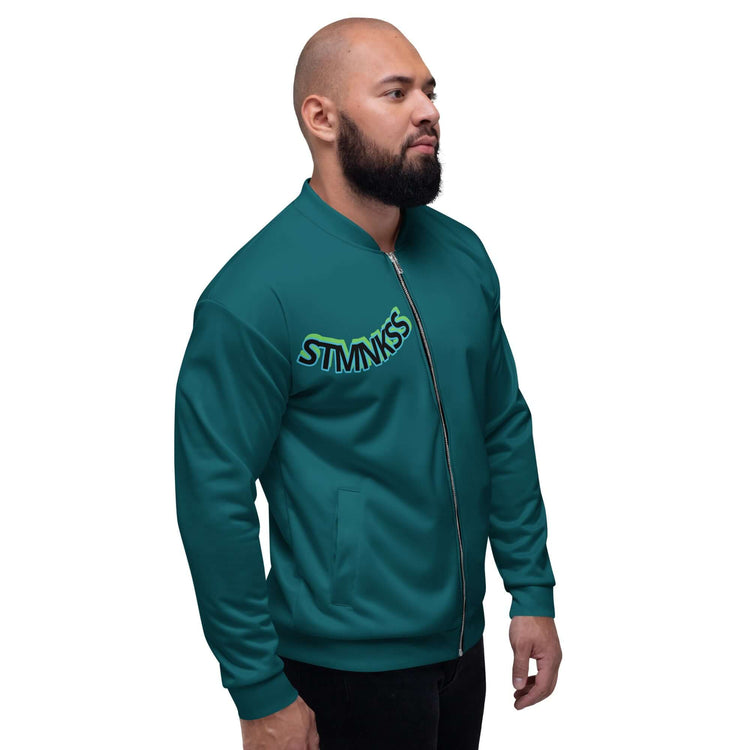 Unisex bomber jacket with all-over print, showcasing bold design, worn by a man in teal color.