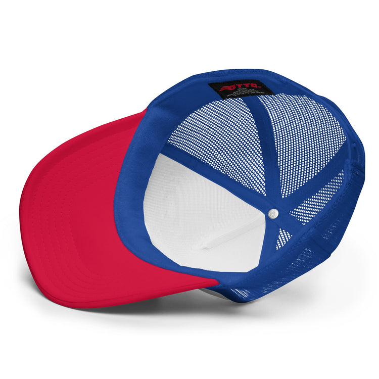 Trendy foam trucker hat in blue and red polyester with a breathable mesh back and curved visor