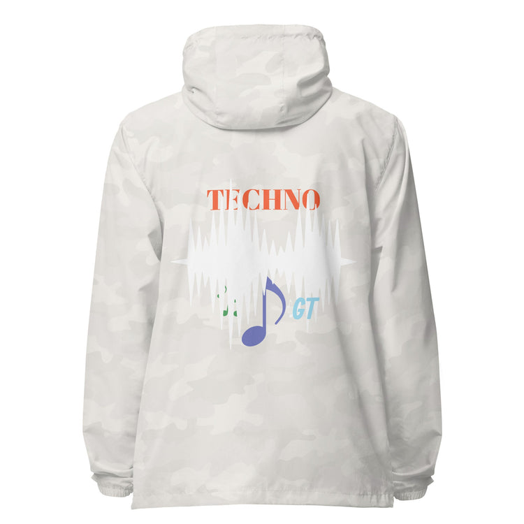 Hoodies Unisex lightweight white polyester windbreaker with hood, zip front, and colorful techno music graphic pattern