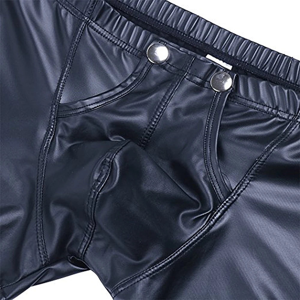 X mens Boxers Leather Lingerie  Black Patent Leather Boxers Shorts Gay Mens Underwear