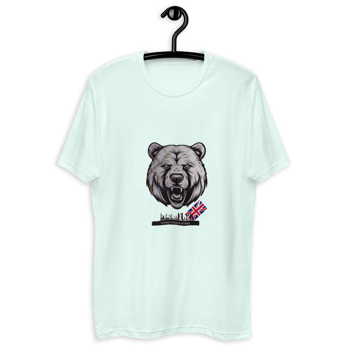 T-shirts Short Sleeve in light mint green with a graphic of a roaring bear and a small British flag on the front.