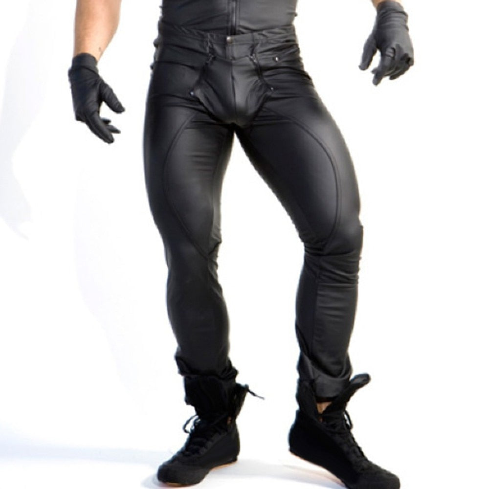 x men's Leather Trousers PU Leather LeggWet Look Skinny Pouch Open Pants Pants Clubwear Tights Punk Clothing