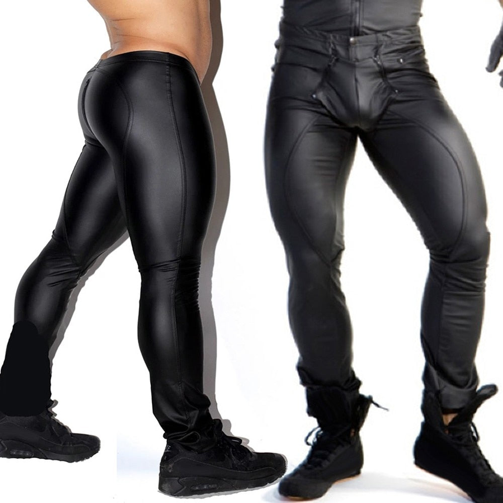 x men's Leather Trousers PU Leather LeggWet Look Skinny Pouch Open Pants Pants Clubwear Tights Punk Clothing